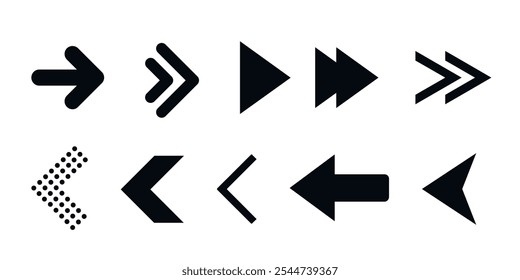 Assortment of arrow icons in diverse styles and directions. Collection for navigation, movement, and directional indicators.