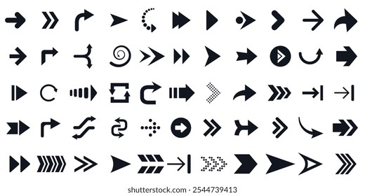 Uma variedade de ícones de setas em diversos estilos e direções. Coleção para navegação, movimento e indicadores direcionais.