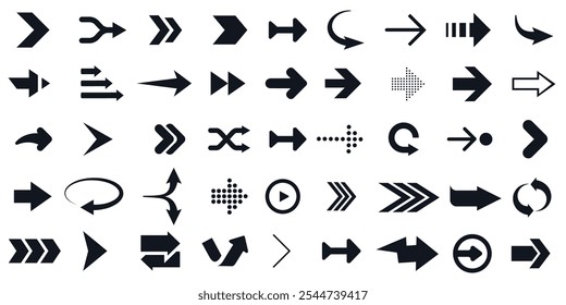 Assortment of arrow icons in diverse styles and directions. Collection for navigation, movement, and directional indicators.