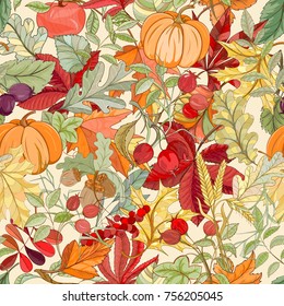 Assortment autumn seamless pattern for wallpaper, website or textile printing Hand drawn endless illustration of bright elements on light background