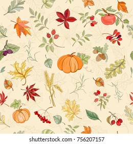 Assortment autumn seamless pattern for wallpaper, website or textile printing Hand drawn endless illustration of bright elements on light background