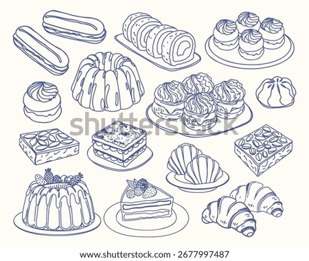 Assortment of baked goods, eclairs, cakes and pastries. Hand drawn doodle illustration.
