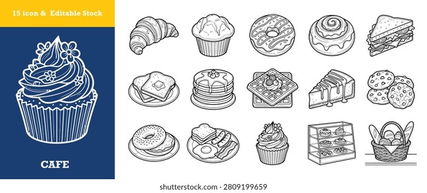 Assortment of bakery and dessert icons featuring croissant cupcake donut cinnamon roll sandwich pancakes waffle cheesecake cookies breakfast and pastry display for food design.