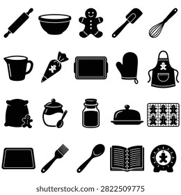 Assortment of baking tools and kitchen utensils including a rolling pin, mixing bowl, and recipe book