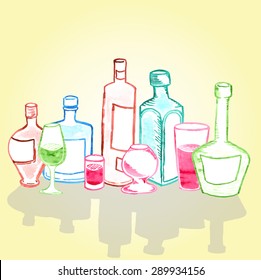 assortment of bar glasses, glasses, bottles and alcoholic beverages