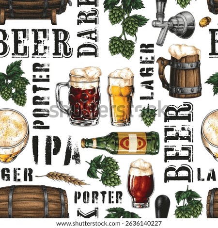 An assortment of beer types including ales lagers and IPAs is displayed alongside brewing equipment and ingredients. Each item highlights the diversity of craft beer culture.