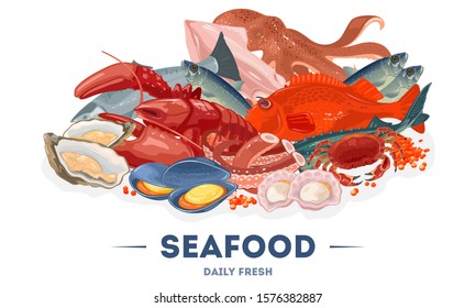 Assortment, big variety of fresh seafood in fish market, supermarket. Fishing industry. Marine animals, octopus, shellfish, mussel, scallop, lobster, squid, salmon vector illustration for poster menu