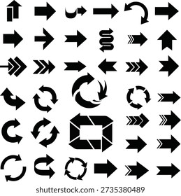 Surtido de flechas negras en diferentes estilos. Direcciones curvas, rectas, circulares y apuntando. Iconos versátiles para presentaciones.