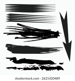 Assortment of Black Brush Strokes and Arrow on White Background