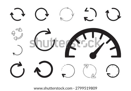 Assortment of black dashboard and navigation symbols for loading progress update and speed monitoring systems.
