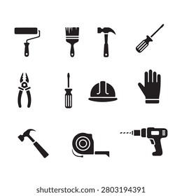 Assortment of black glyph icons representing various construction and home improvement tools.