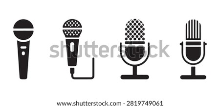 Assortment of black microphone silhouettes including desktop and handheld models on transparent backdrop.