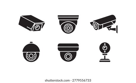 Assortment of black security camera icons including dome bullet and box types for residential and commercial monitoring systems design.