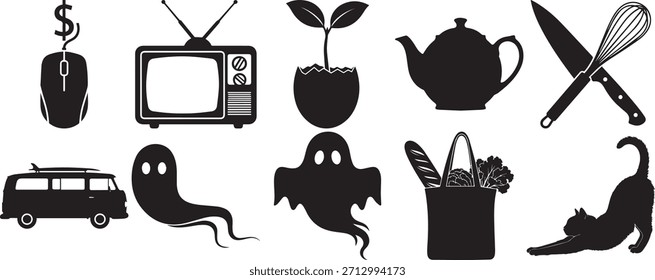 Surtido de siluetas negras que incluyen un ratón de computadora de signo de dólar, un televisor retro, una planta que brota de una cáscara de huevo, una tetera clásica, un cuchillo y batidor cruzados, una camioneta de surf, dos figuras fantasmas distintas, una bolsa de comestibles completa y un gato que se estira.