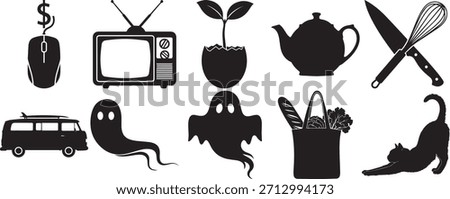 Assortment of black silhouettes including a dollar sign computer mouse, a retro television, a plant sprouting from an eggshell, a classic teapot, a crossed knife and whisk, a surf van, two distinct ghost figures, a full grocery bag and a stretching cat.
