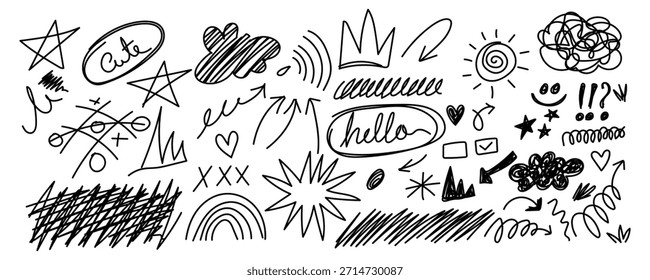 Surtido de Elementos de doodle dibujados a mano en blanco y negro que incluyen flechas, estrellas, corazones, garabatos y burbujas de texto que ofrecen acentos versátiles para proyectos creativos y resaltan información importante
