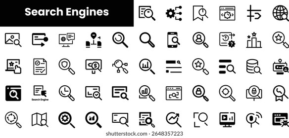 An assortment of black and white icons representing various aspects of search engines and online queries, conveying technology and digital exploration.