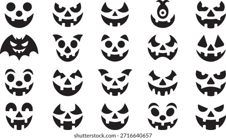 Sortimento de preto e branco de abóbora Carving Faces Palavras-chave Halloween, abóbora, jack-o-lantern