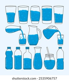 Assortment of blue beverages mineral water displayed in different containers, including bottles, glasses, and a pitcher.