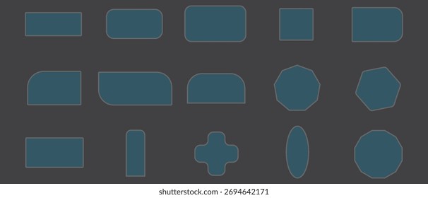Una variedad de Formas geométricas azules, que incluyen rectángulos, cuadrados, figuras redondeadas, cruz, óvalo y polígonos, están delineadas con gris sobre un fondo gris oscuro.