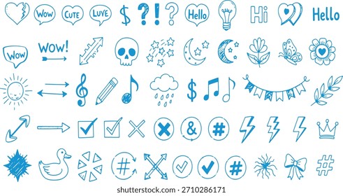 Surtido de iconos y símbolos de Doodle dibujados a mano a mano azul