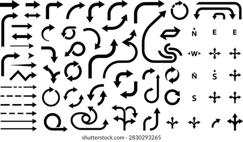 Assortment of bold black directional arrows, curves and compass marks, direction