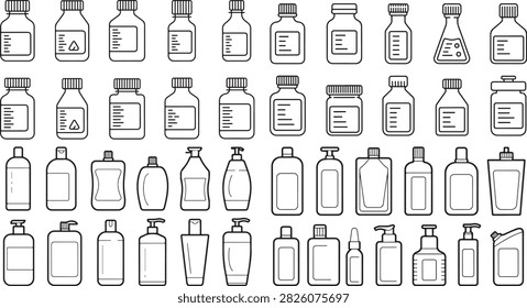 An assortment of bottles and containers in multiple shapes sizes and cap styles shown on a transparent background suitable for packaging design or product mockups