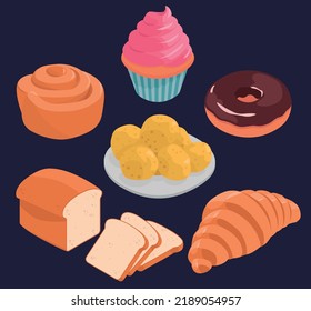 assortment of bread Bakery, donut, cinnamon roll, cheese bread, cereal toast, french croissant, cupcake, sweet pastry. Collection of vector illustrations