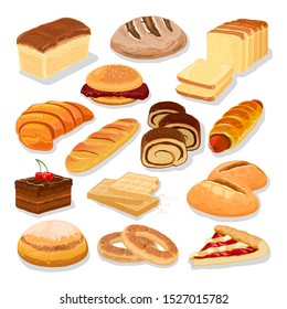 Assortment of bread and flour products, pastries, bakery goods. Wheaten and rye loaves, baguette, buns, sandwich, pig in blanket, roulade, wafers. Big cartoon vector set isolated on white background.