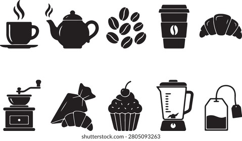 Assortment of breakfast and coffee-related icons, perfect for cafe menus, websites, or food blogs. Graphics include hot beverages, roasted beans, pastries, and brewing equipment. Isolated on transparent background.