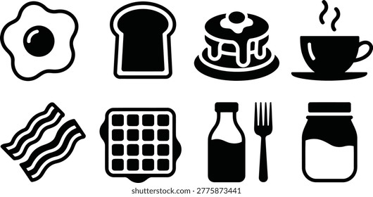 An assortment of breakfast related icons in solid black style representing various morning food options drinks and mealtime essentials