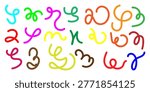 An assortment of brightly colored, freehand scribbles resembling letters and symbols are scattered across a plain white surface.