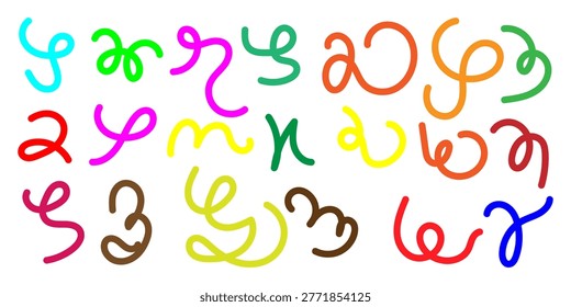 An assortment of brightly colored, freehand scribbles resembling letters and symbols are scattered across a plain white surface.