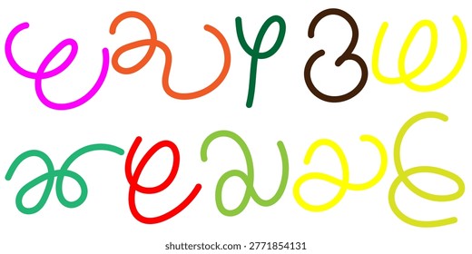 An assortment of brightly colored, freehand scribbles and curlicues arranged across a white background, creating an abstract visual.