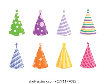 An assortment of brightly colored party hats and birthday hats in various designs, perfect for festive occasions and celebrations.