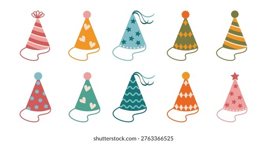An assortment of brightly colored, striped party hats arranged in two rows, perfect for birthdays or festive occasions.