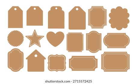 Variedade de etiquetas e rótulos de papel marrom em várias formas e tamanhos em um branco de fundo em branco