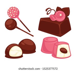 Assortment of candies covered in chocolate, with creamy filling and almond, lollipop, cake, differently shaped colorful flat vector illustration on white background