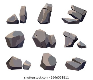 Uma variedade de rochas e pedras cinzentas estilo cartoon são isoladas em um fundo branco. A imagem fornece gráficos de pedra e rocha para projetos de design e decoração.