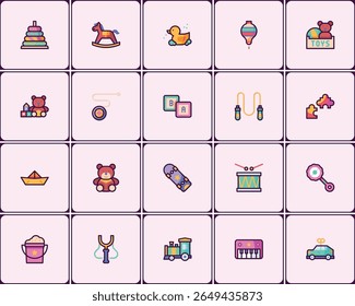 Assortment of charming children's toy icons with playful and endearing designs