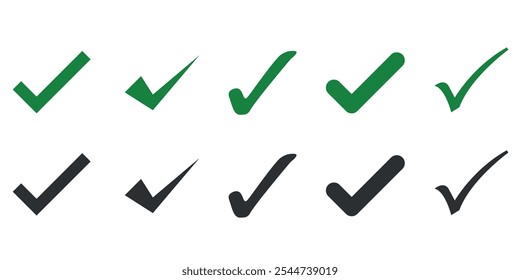 Assortment of check mark icons in green and black styles. Symbols for approval, completion, and verification.