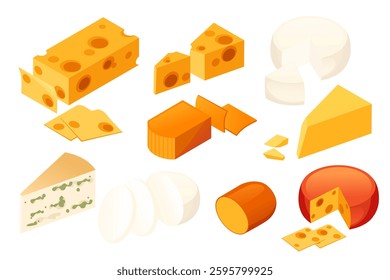 Assortment of cheese varieties with different forms. Whole and sliced cheese. Dairy products in isometric view. Grocery store collection. Vector illustration isolated on white background.