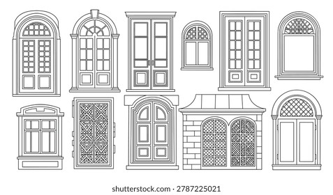 Assortment of classic architectural door and window frame sketches featuring ornate glass patterns and elegant decorative molding.
