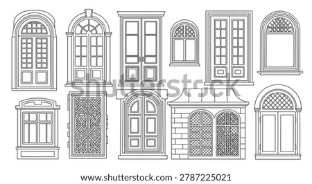 Assortment of classic architectural door and window frame sketches featuring ornate glass patterns and elegant decorative molding.