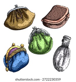 Uma variedade de bolsas de moedas clássicas, apresentando várias formas, grampos ornamentados e desenhos tradicionais, ilustrando acessórios históricos para levar dinheiro