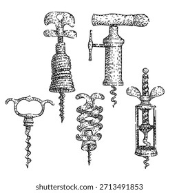 Surtido de herramientas clásicas de sacacorchos en un estilo de grabado antiguo, perfecto para ilustrar la cultura del vino, accesorios de bar y métodos tradicionales de apertura de botellas