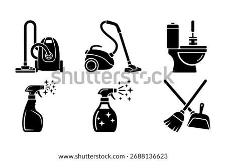 An assortment of cleaning tools and supplies, including vacuum cleaners, toilet cleaner, spray bottles, brooms, and dustpans, for various household cleaning tasks.