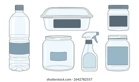 An Assortment of Clear Containers For Beverages Food and Sprays in Vector Format