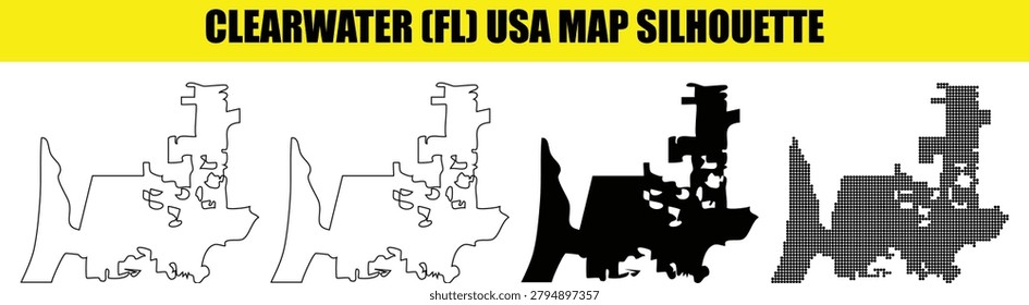 Assortment of Clearwater Florida USA map silhouettes. Displaying outline solid and dotted map graphics for design needs.