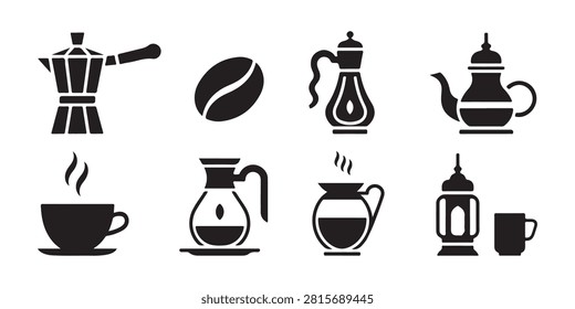 Assortment of coffee brewing and serving equipment, ideal for cafe branding or kitchen decor.